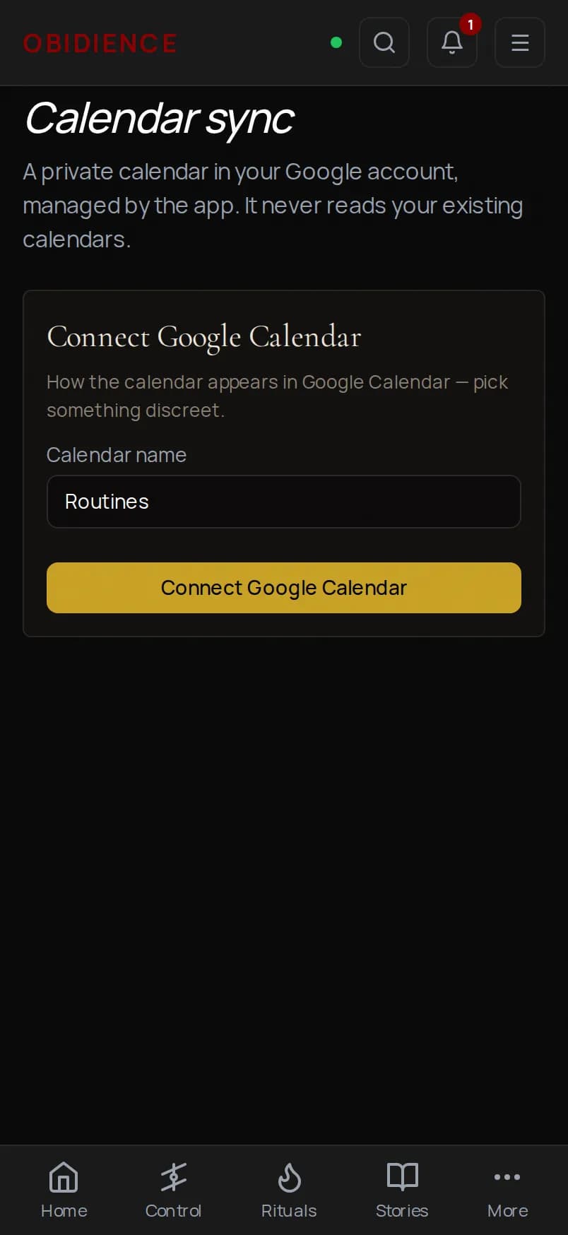 The Obidience calendar sync screen on a phone, showing protocols and rituals synced to a calendar.