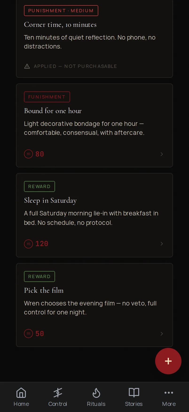 The Obidience catalog screen on a phone, showing reward and funishment entries with mark costs.