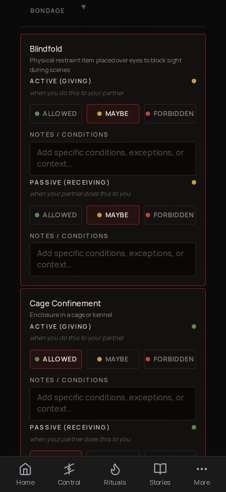 The Obidience consent & limits matrix on a phone, rating a category for giving and receiving.
