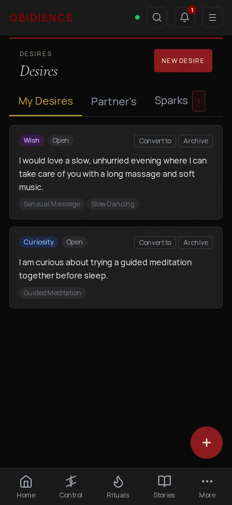 The Obidience desires screen on a phone, showing private desire entries and matched sparks.