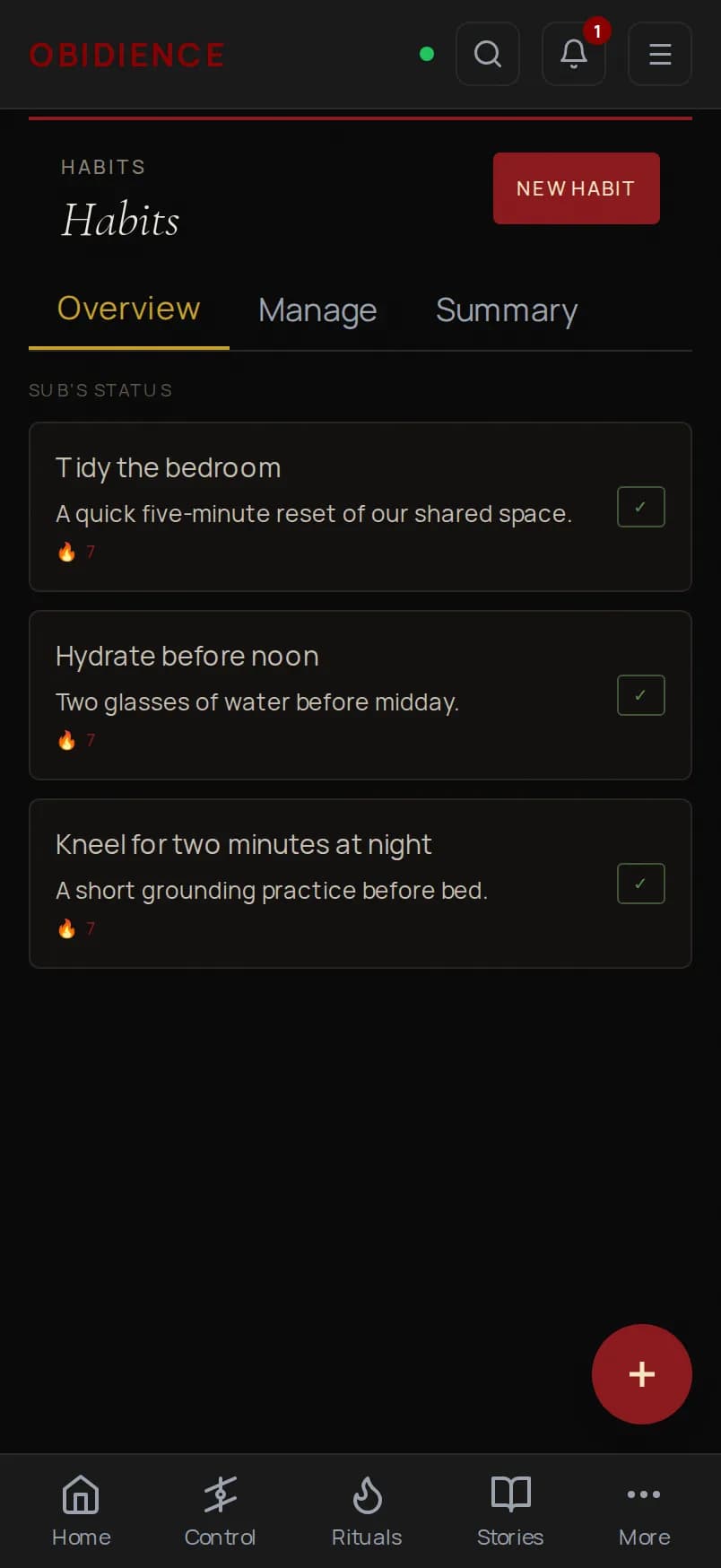 The Obidience habits screen on a phone, showing a list of recurring habits with streak counters.