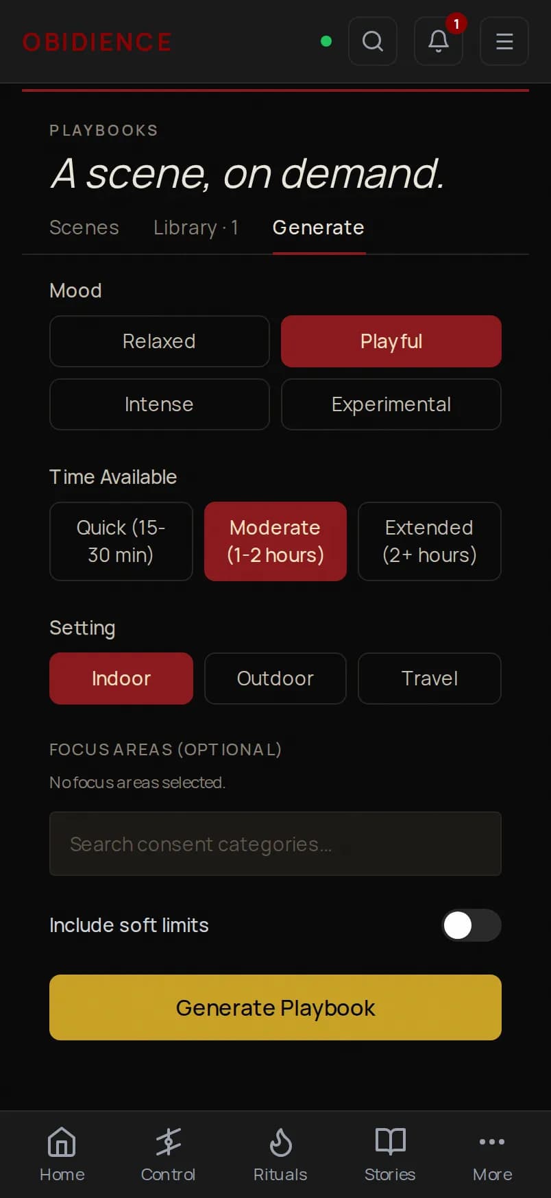 The Obidience playbook generation screen on a phone, showing the AI building a scene.
