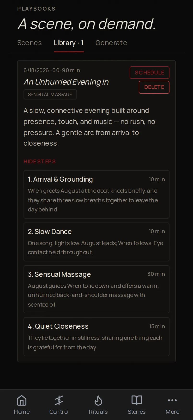 The Obidience playbook scene screen on a phone, showing a saved scene with steps.