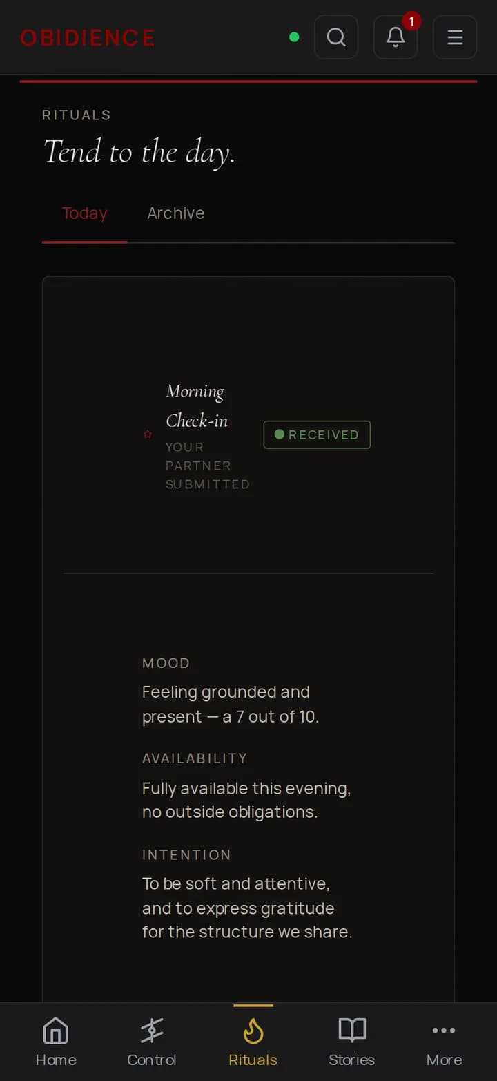 The Obidience daily ritual screen on a phone, showing a morning check-in prompt before both partners have answered.