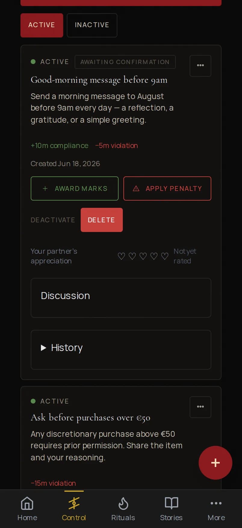 The Obidience rules screen on a phone, showing a list of active rules with mark counters.