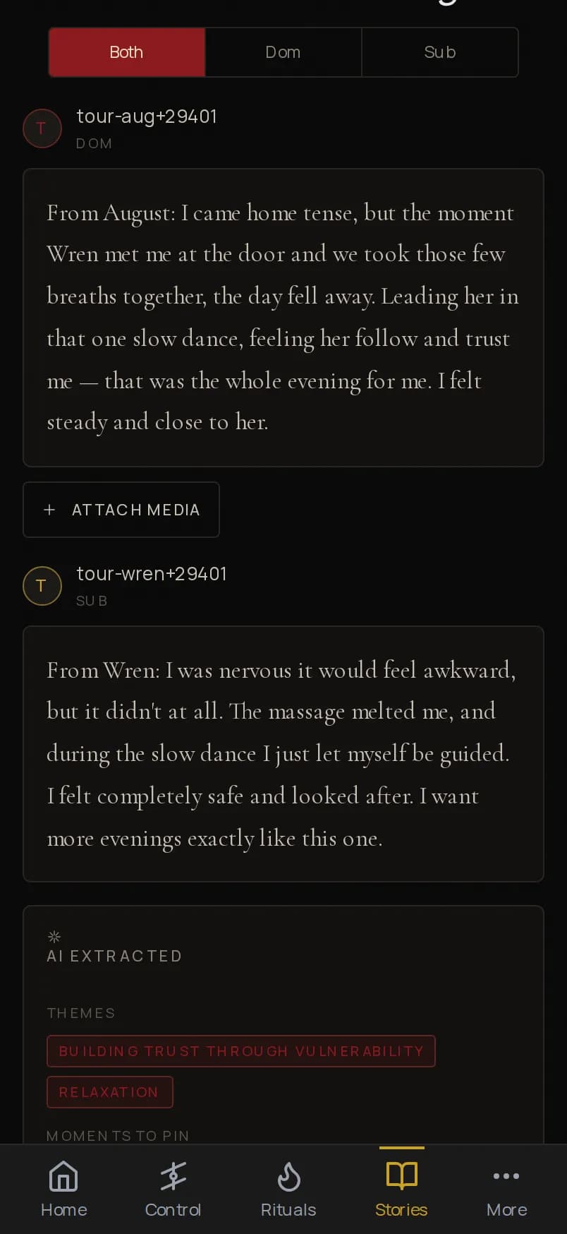 The Obidience story journal screen on a phone, showing an experience entry with extracted moments.