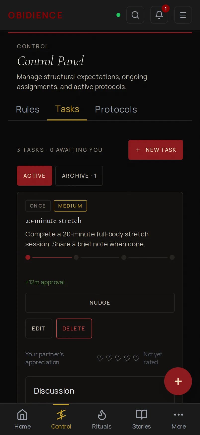 The Obidience tasks screen on a phone, showing pending tasks with proof requirements.