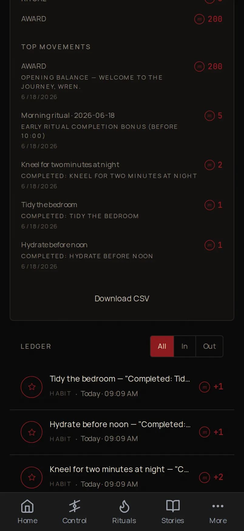 The Obidience marks ledger on a phone, showing recent transaction entries.